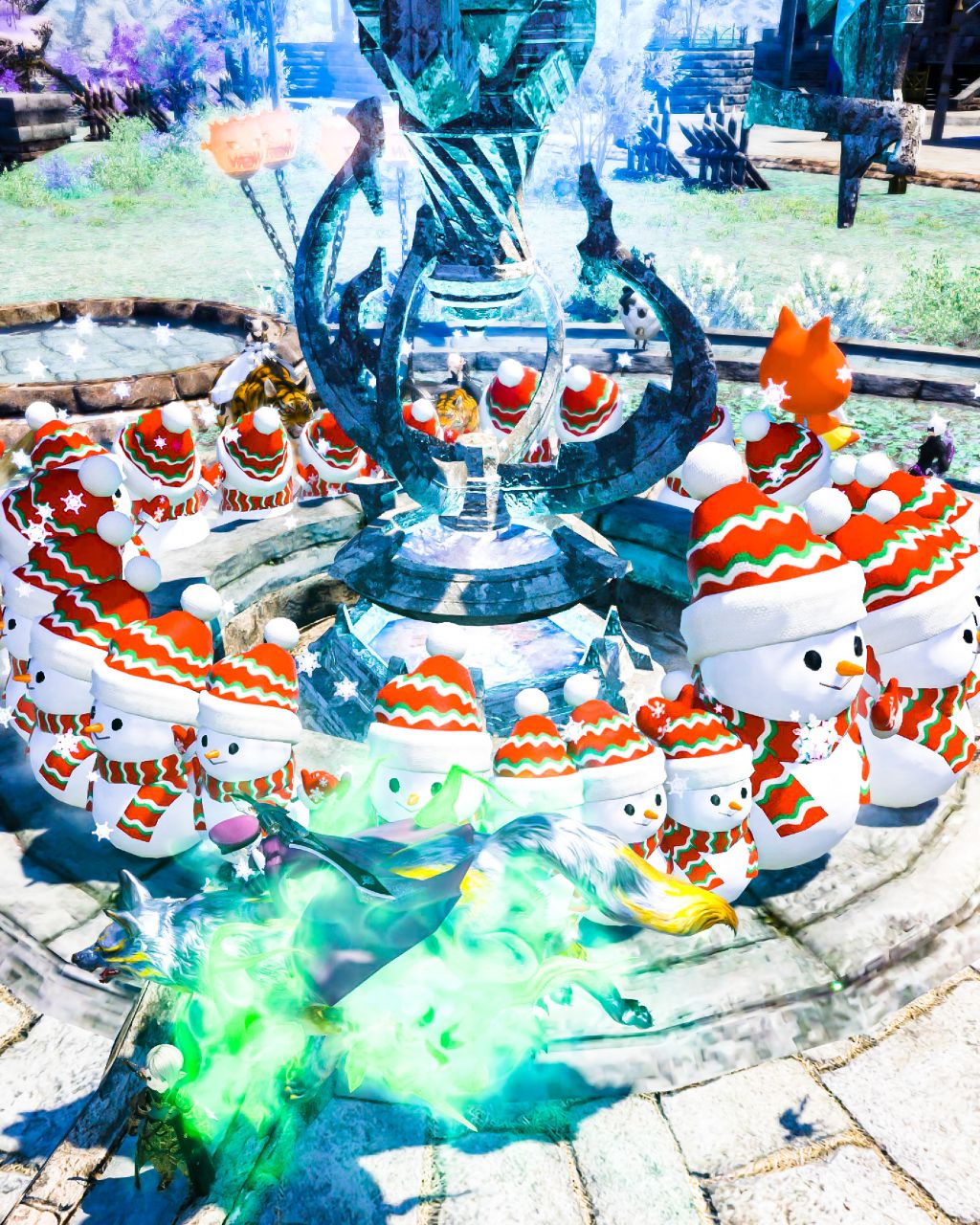 外向きに集まった雪だるまマウントを縦長で撮影したFF14のスクショ