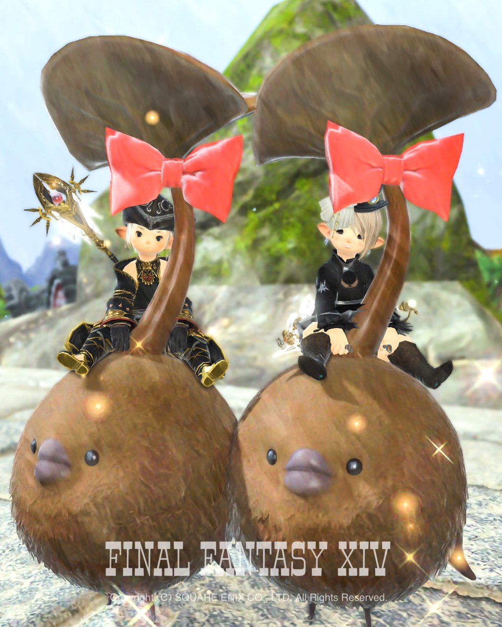 フレンドとチョコロポックルに乗って撮影したFF14の年末スクショ
