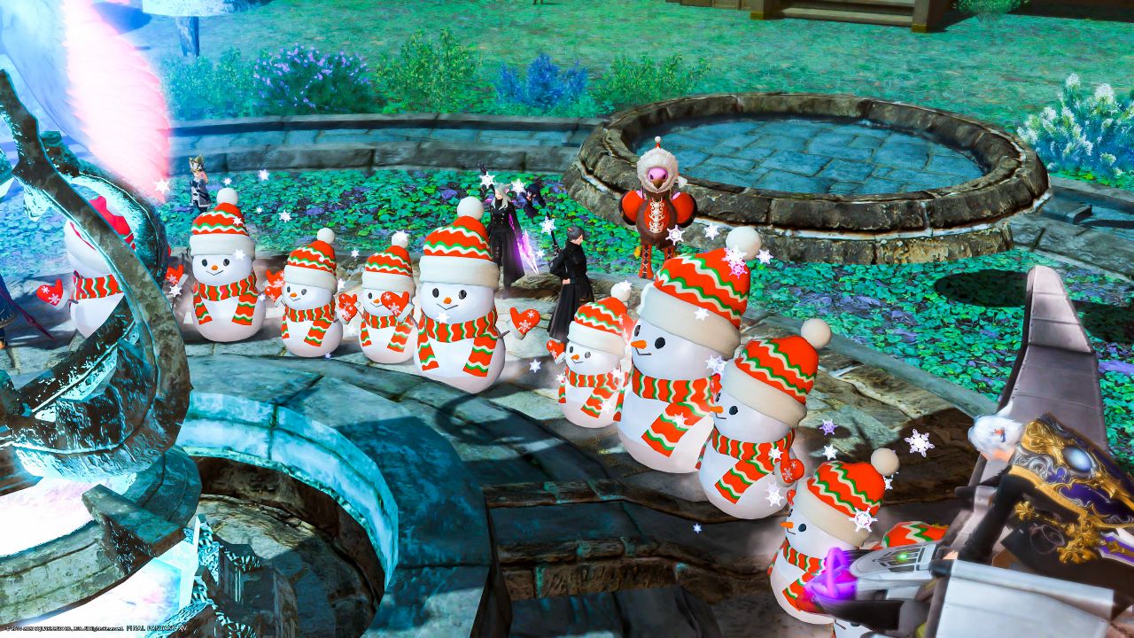モブハント待機中に雪だるまマウントが集まったFF14のスクショ