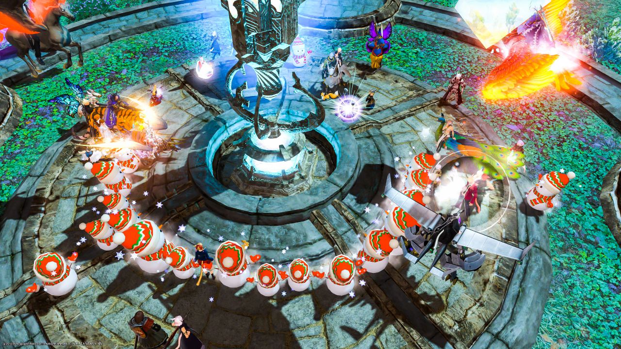 雪だるまマウントが少しずつ円を作り始めたFF14のスクショ