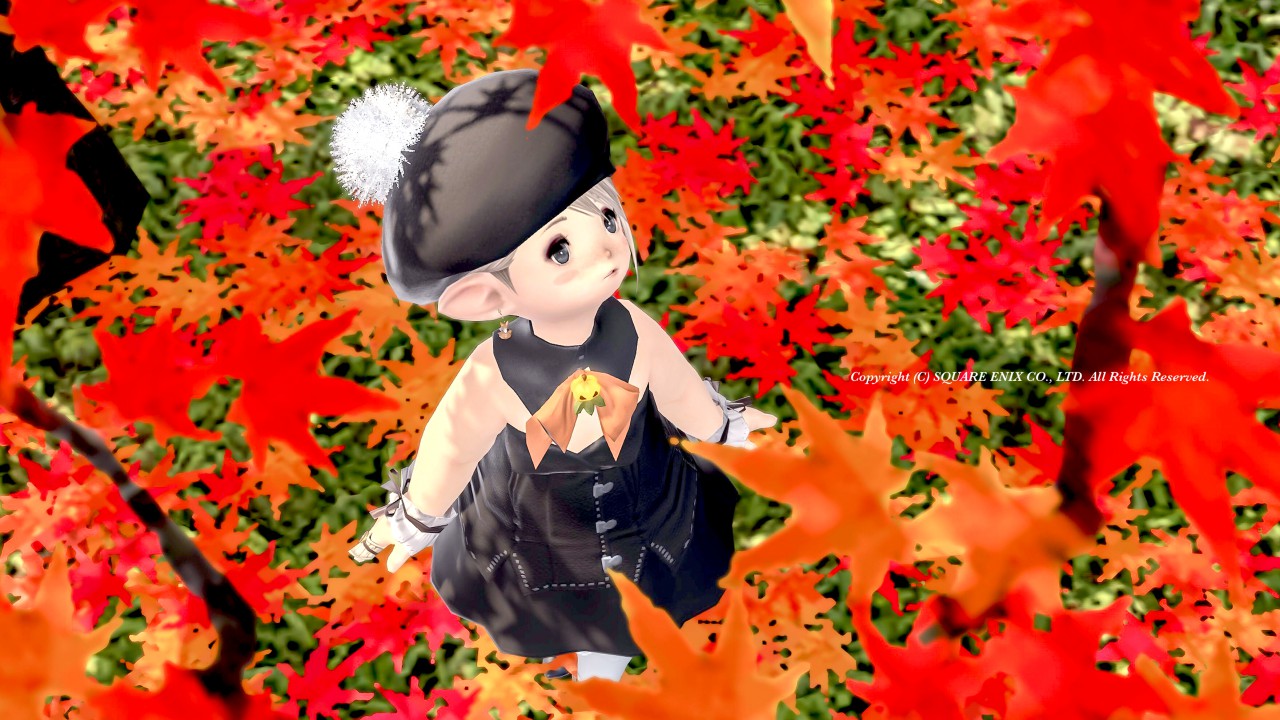 カエデの葉の間からララフェルを見下ろして撮影したFF14の秋スクショ