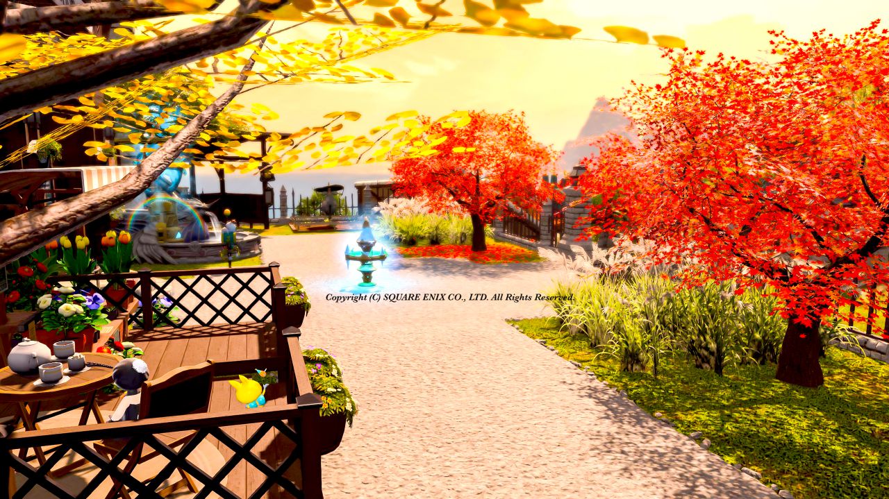 メープルツリーとギンキョウツリーを置いたFF14の秋のハウジング庭