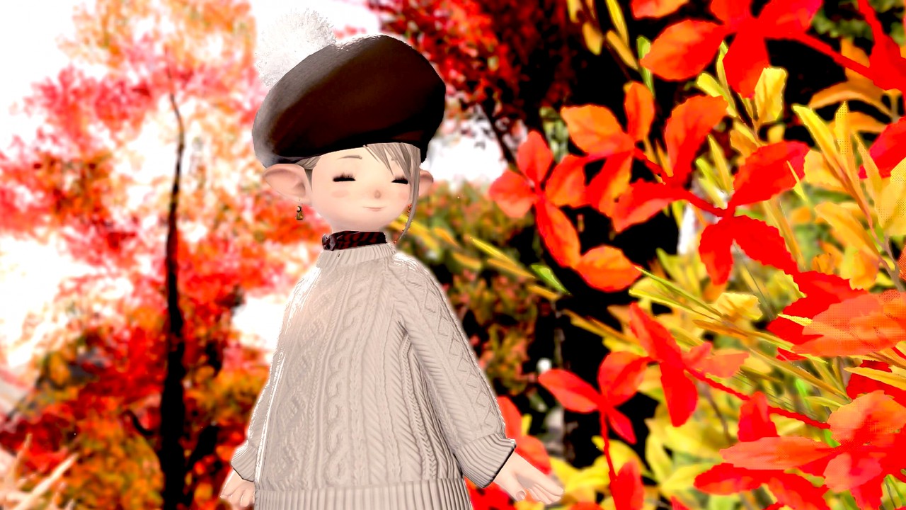 ギラバニア地方の紅葉とララフェルを撮影したFF14の秋スクショ