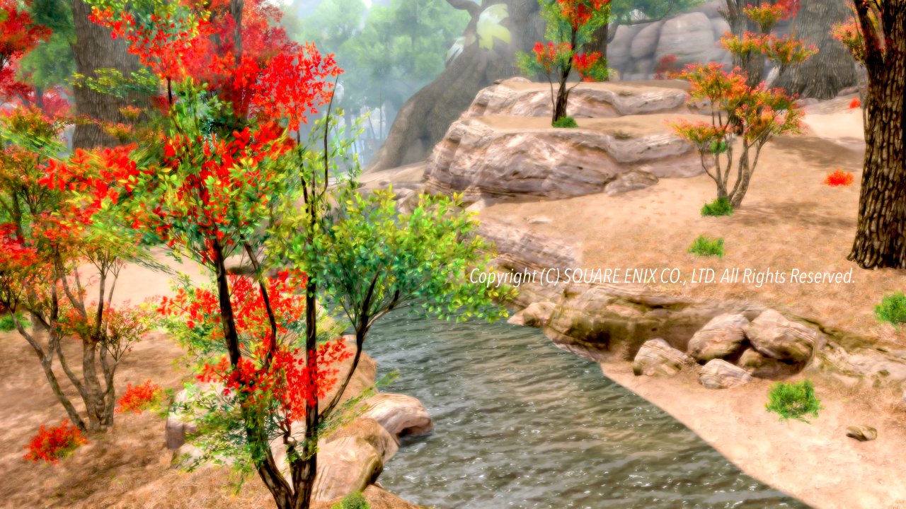 ギラバニア地方の川と紅葉を撮影したFF14の秋スクショ
