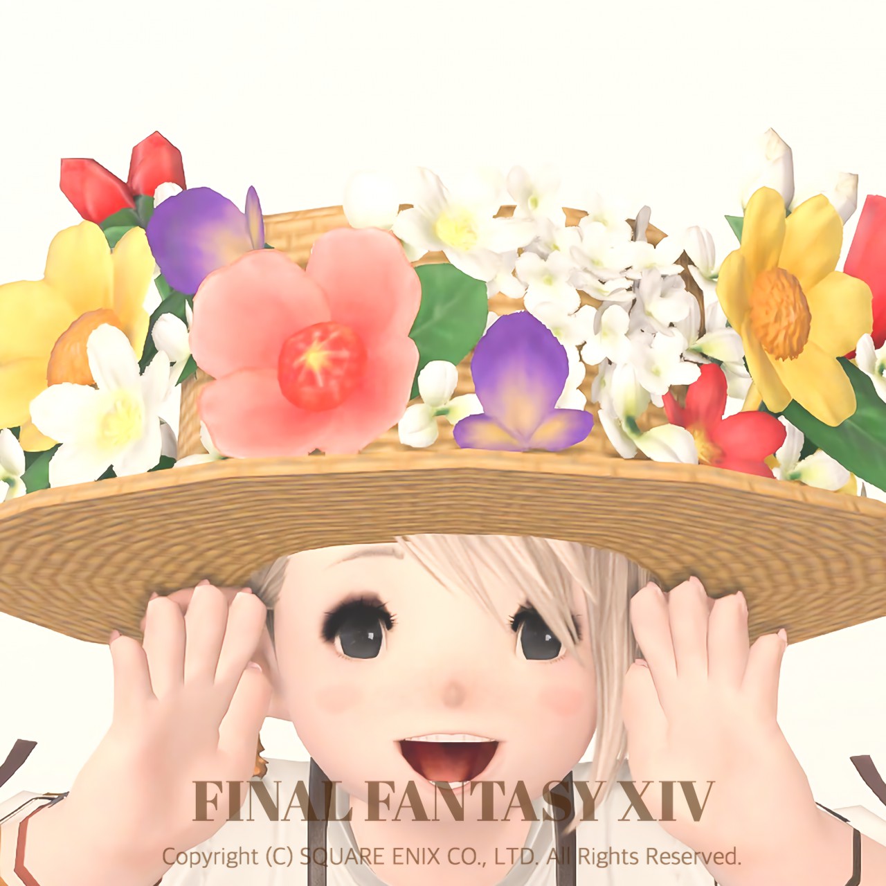 花がたくさん付いた頭装備で撮影したララフェルのかわいいスクショ